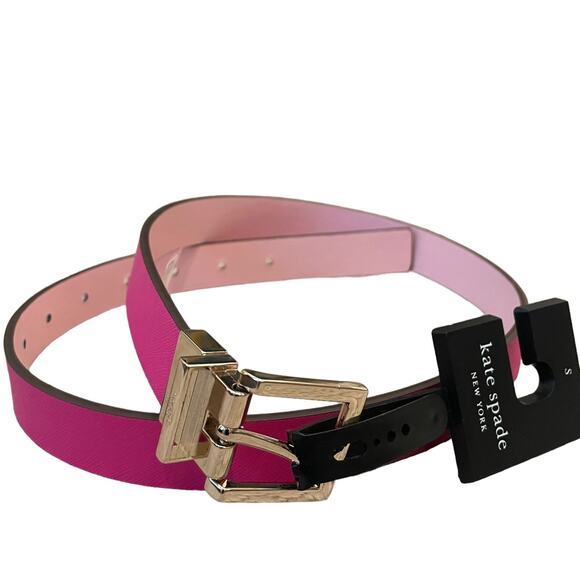 FOCUS BELT GOLD BUCKLE RED AND PINK REVERSIBLE LEATHER 1.3CM